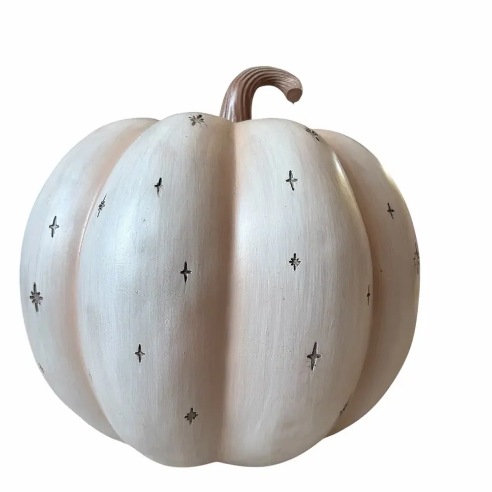 Pink Celestial Etched Halloween Pumpkin 10in Fall Butterfly Fern Forest NEW
